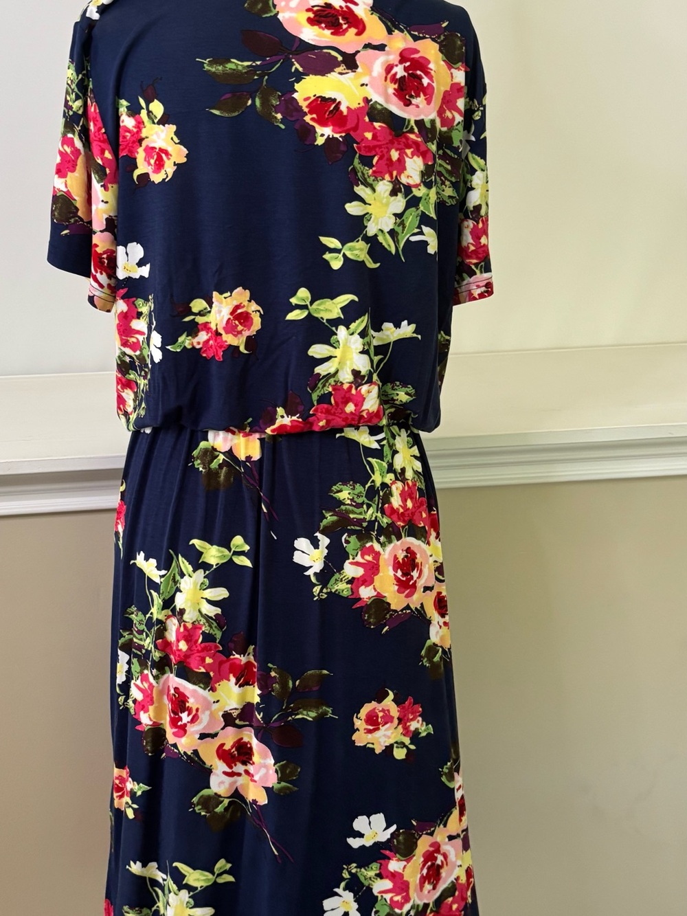 Simier Fariey Floral Navy Midi Dress with Pink & Yellow Blooms